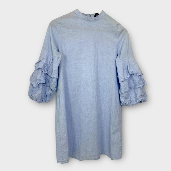 Zara Chambray Ruffle Sleeve Shift Dress - Picture 2 of 7